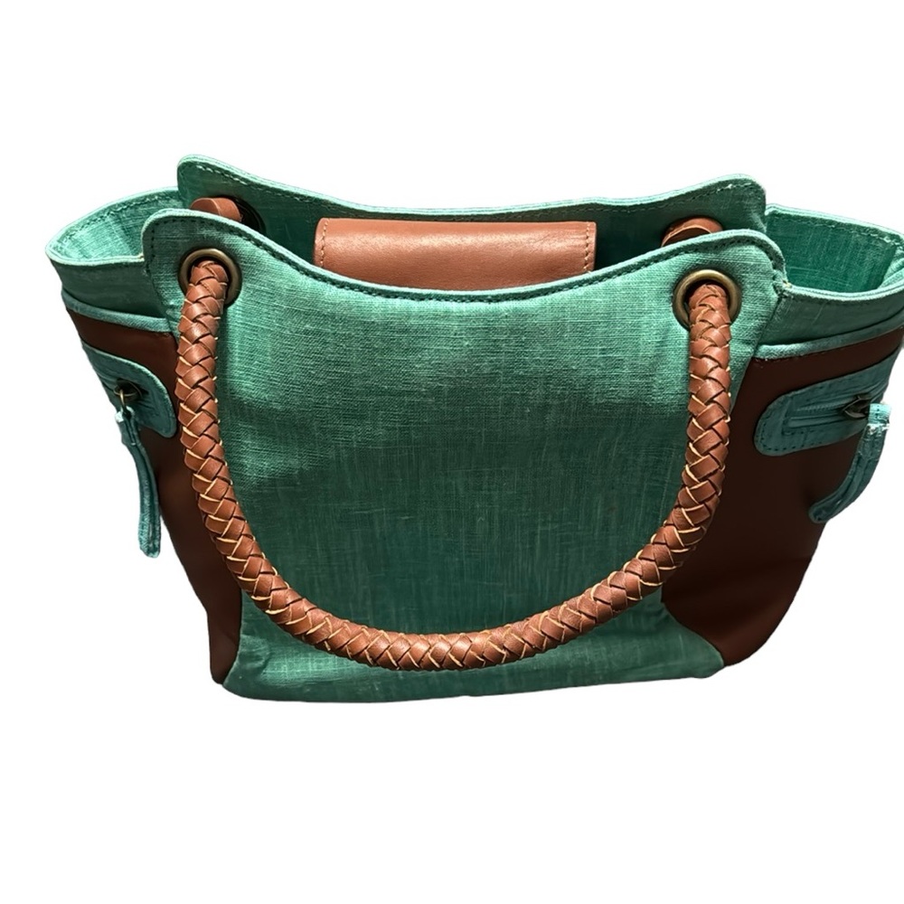 Nan vintage linen and leather mini tote bag. Sea green /brown. VGUC.